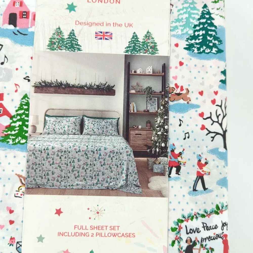 CATH KIDSTON Full Sheet Set Shine Bright Cream White Christmas Flat Fit Pillow